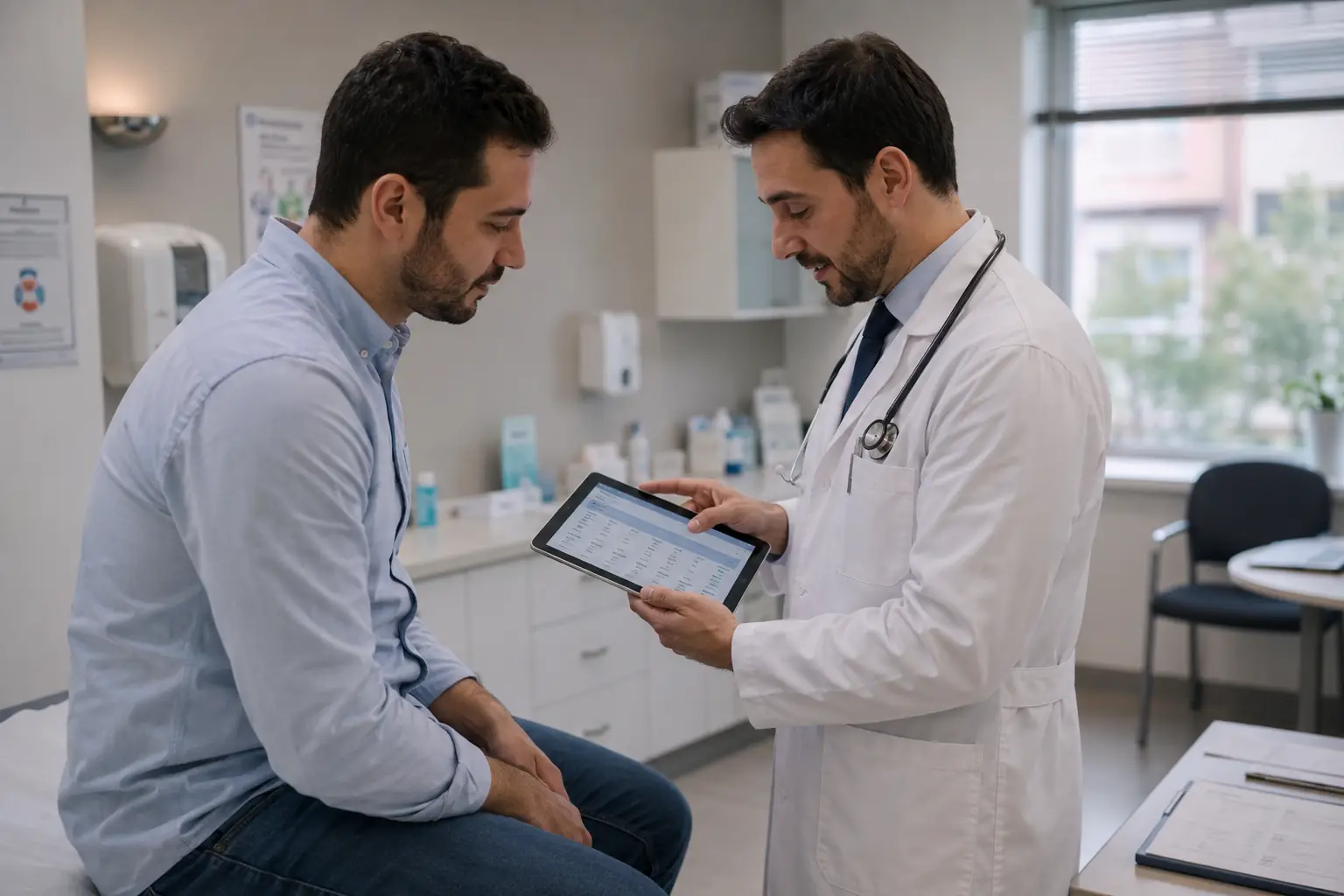 A doctor reviewing a patient record on a tablet
