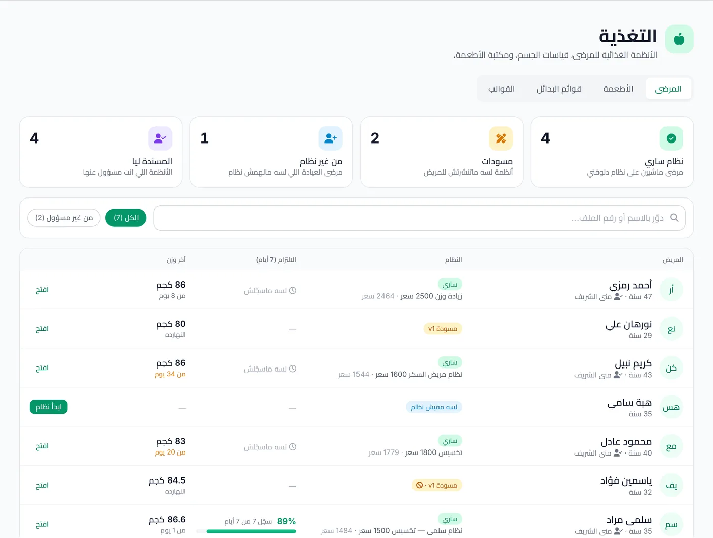 قائمة مرضى التغذية مع كروت الأرقام ونسبة الالتزام وآخر وزن لكل مريض