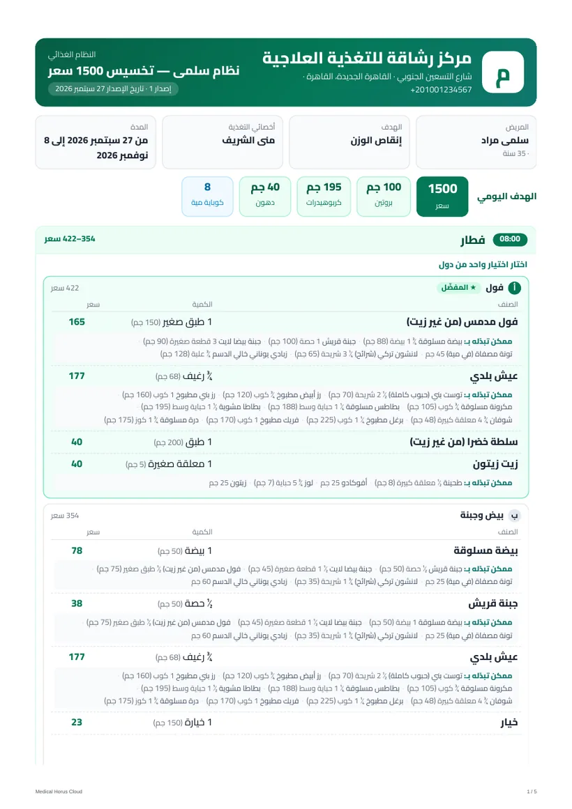صفحة من النظام الغذائي المطبوع باسم العيادة