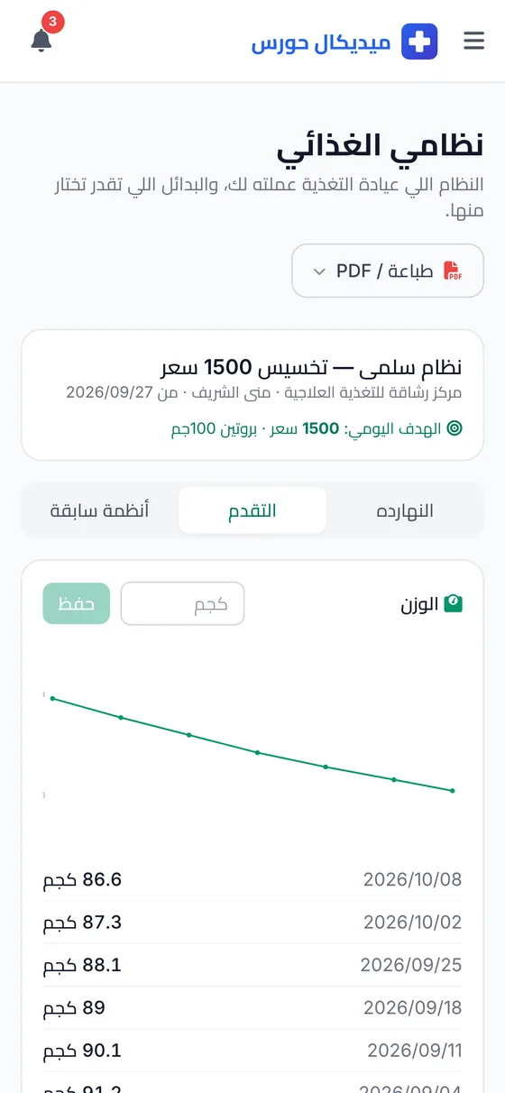شاشة التقدّم: منحنى الوزن وجدول القياسات